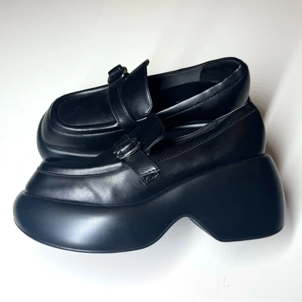 CHARLES & KEITH Women’s Buckled Black Platform Penny Loafers Shoes Size- 38